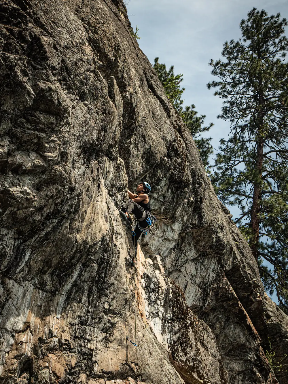 Evan lead climbing a tall granite face in a helmet, rope clipped below him, with pine trees and blue sky behind.