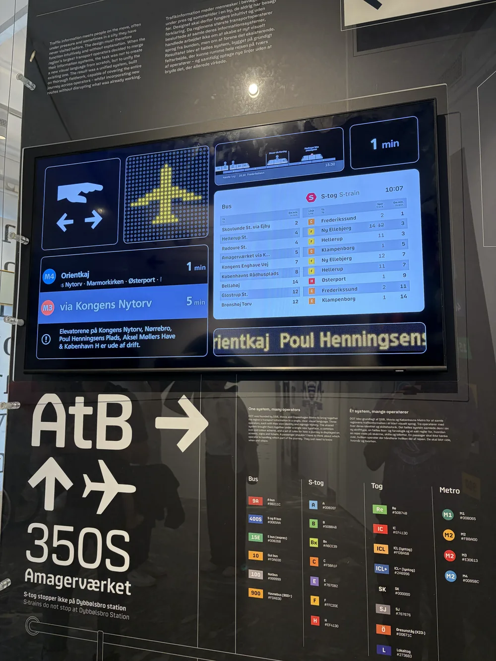 A transit wayfinding display in an exhibit: a bus and S-train departure board beside large arrow signs and a key of coloured line badges.