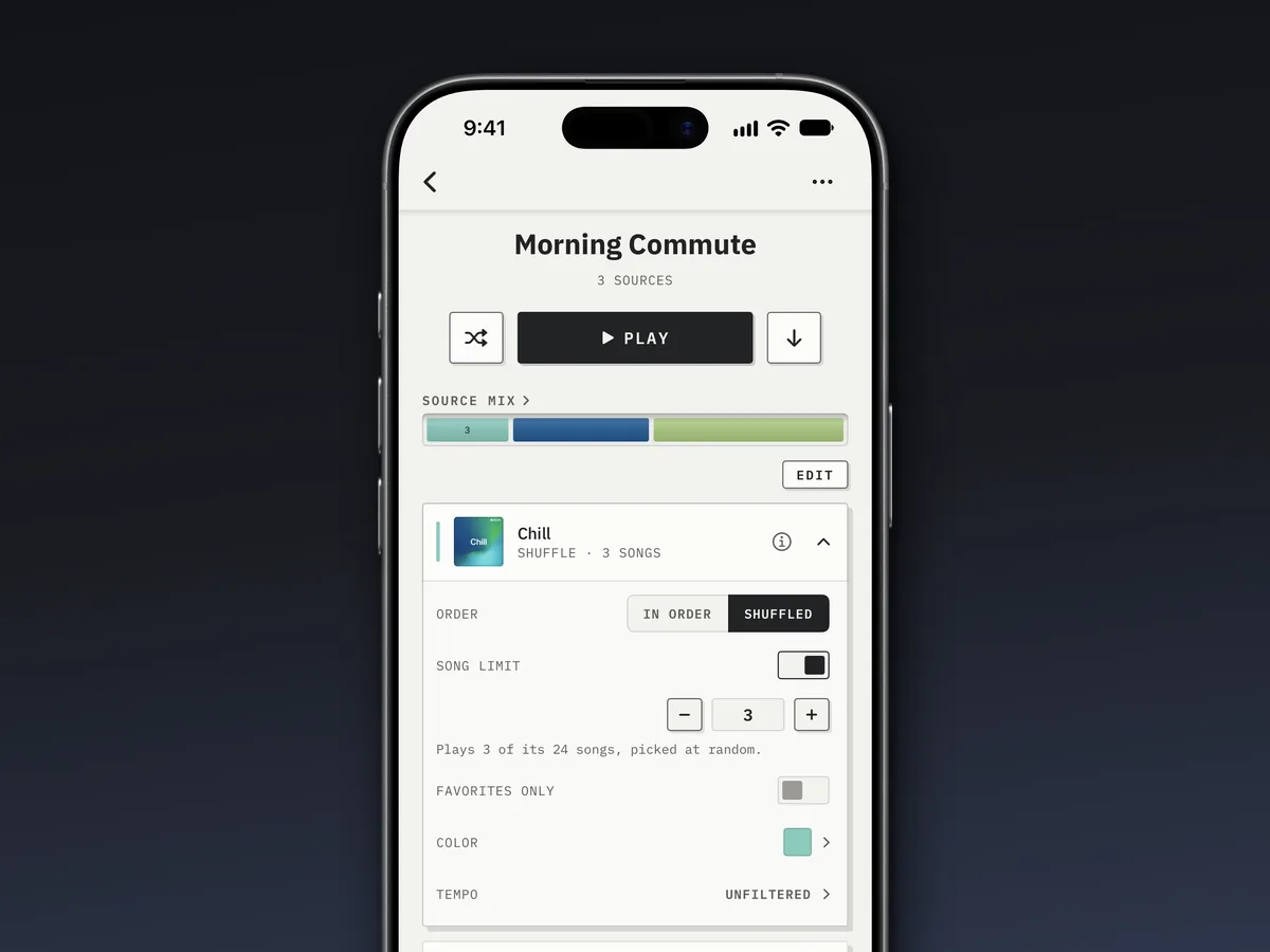 Lytra’s activity page for Morning Commute: Play, the source mix bar, and the Chill playlist opened to its rules for order, song limit, favorites, color and tempo.