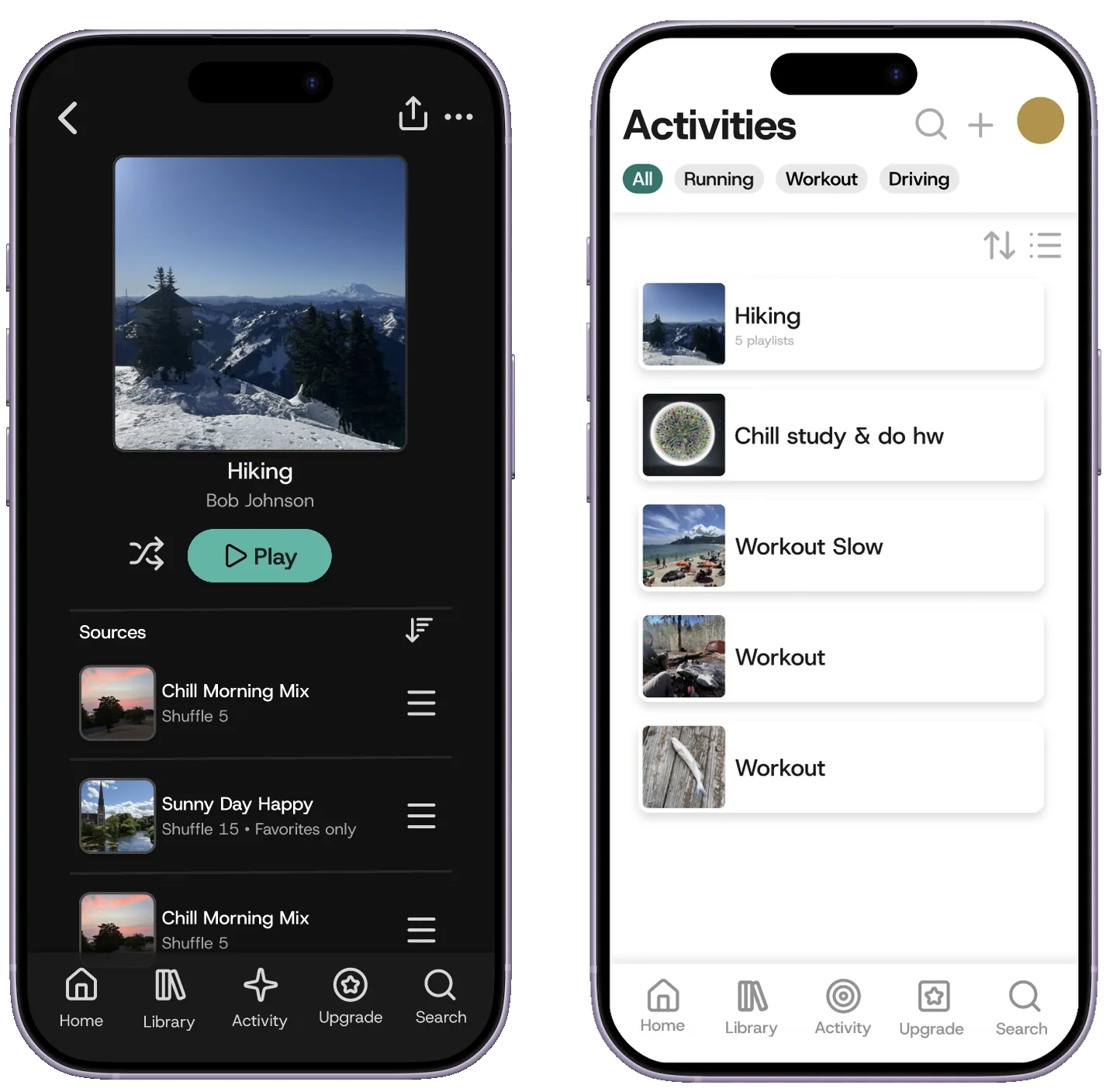 Two Figma mockups side by side: the Hiking activity page in dark mode, and the Activities list with filter chips and a photo for each activity.