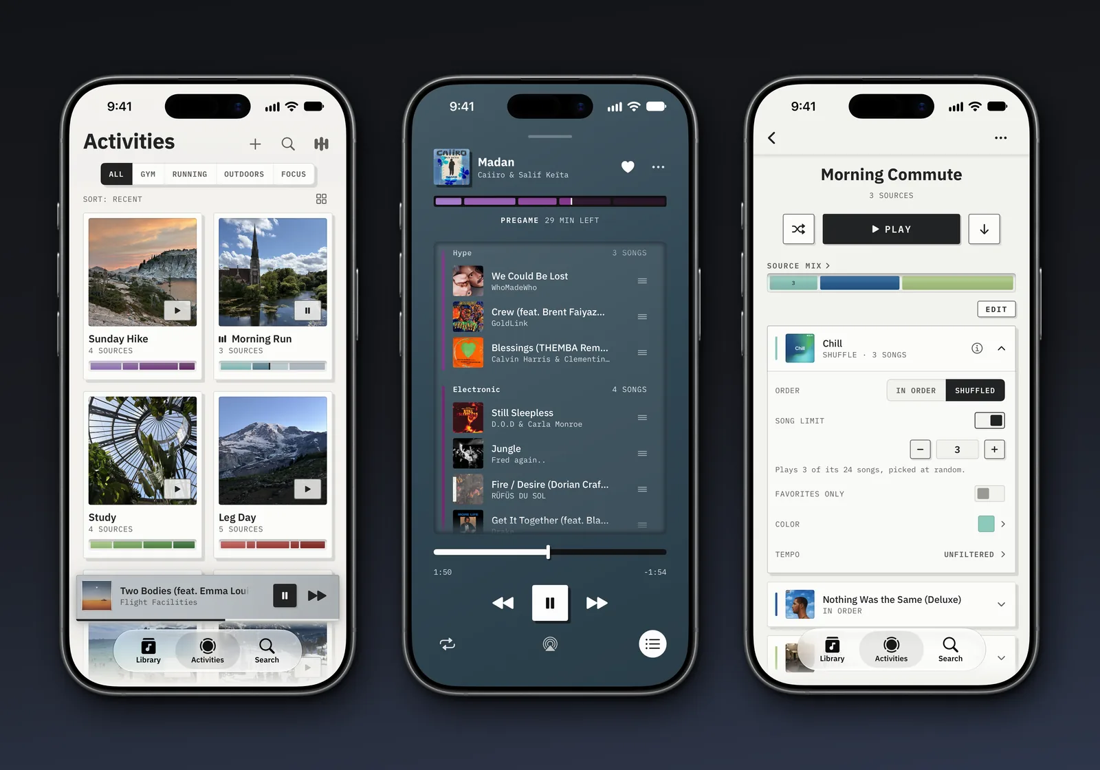 Three Lytra screens side by side: the Activities grid, the queue grouped by source with its segmented mix bar, and an activity page with one playlist opened to its rules.
