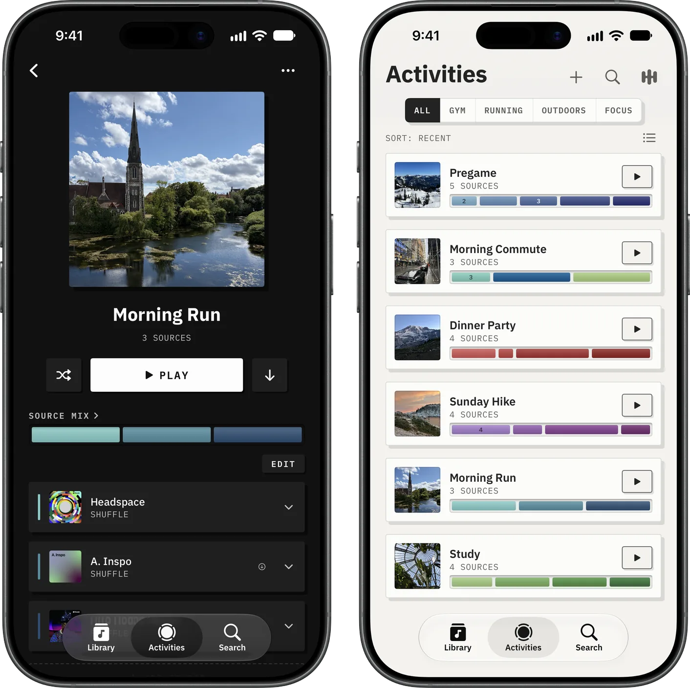 Two screens from Lytra at launch, side by side: the Morning Run activity page in dark mode with its source mix bar, and the Activities list with a photo and mix bar for each activity.