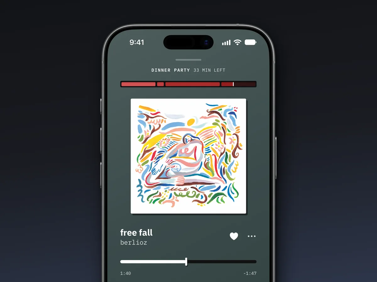 Lytra’s now-playing screen: Dinner Party with 33 minutes left, its segmented mix bar above the album art.